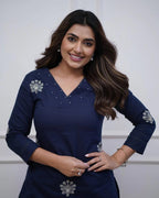 Women's Embroidered Straight Kurti Set with Lace Work Pants