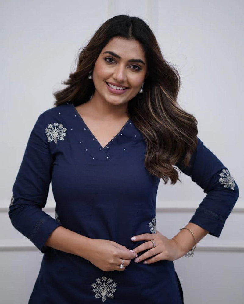 Women's Embroidered Straight Kurti Set with Lace Work Pants