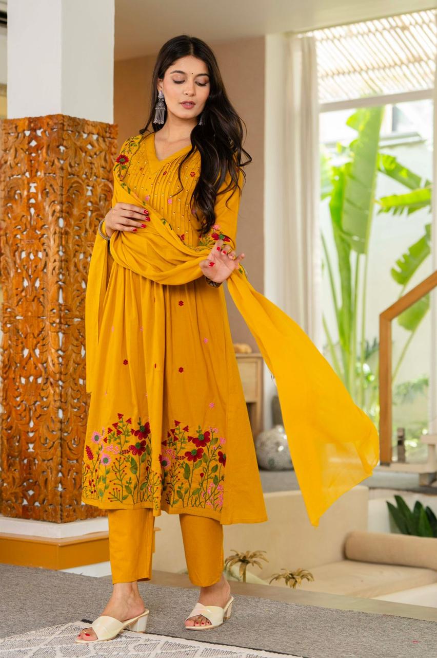 Women's Premium Pure Cotton Embroidered Anarkali Kurta Set with Pants & Dupatta