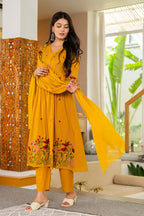 Women's Premium Pure Cotton Embroidered Anarkali Kurta Set with Pants & Dupatta