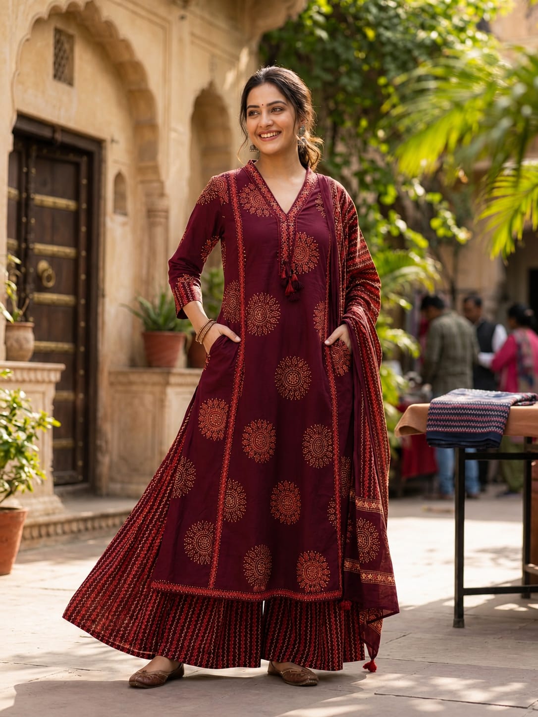 Women's Printed A-Line Kurta Set with Flared Dividers & Designer Dupatta