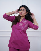 Women's Magenta Premium Cotton Embroidered Co-Ord Set with Straight Pants