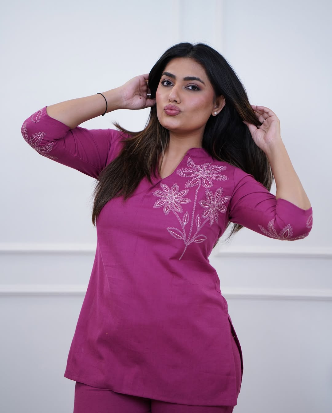 Women's Magenta Premium Cotton Embroidered Co-Ord Set with Straight Pants