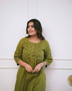 Women's Pintex & Manual Tagai Work A-Line Kurti Set with Pants