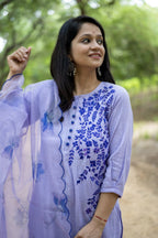 Women's Embroidered Cotton Kurta Set with Organza Dupatta