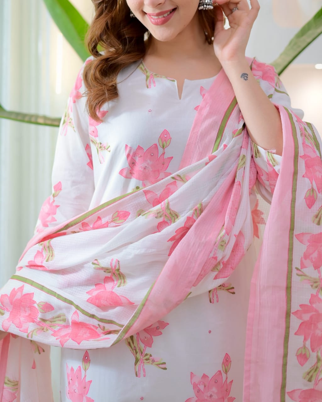 Women's Premium Floral Printed Cotton Kurti Set with Mul Cotton Dupatta
