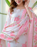 Women's Premium Floral Printed Cotton Kurti Set with Mul Cotton Dupatta