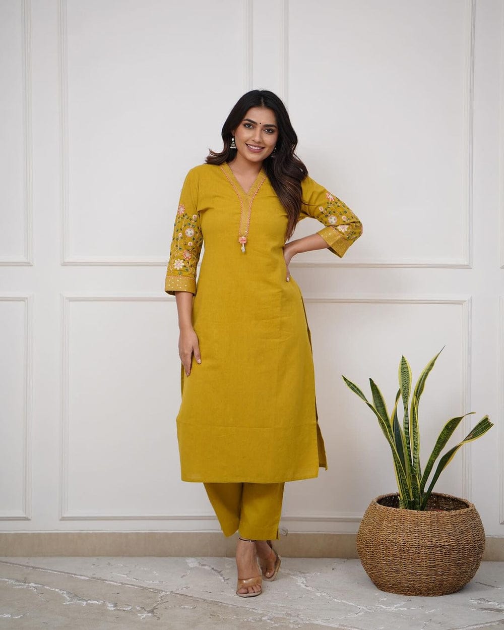 Women's Premium Cotton Slub Embroidered Kurta Pant Set