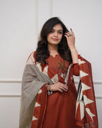 Women's Rust Embroidered Kurti Set with Printed Dupatta & Straight Pants