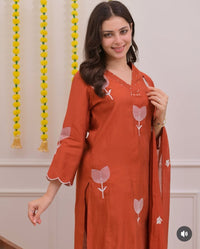 Women's Cotton A-Line Embroidered Kurti Set with Pants & Dupatta