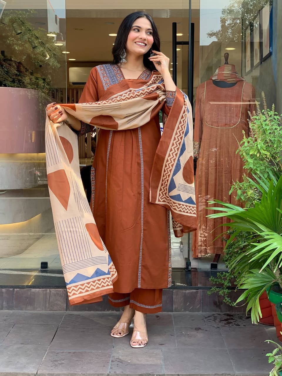 Women's Premium Cotton Embroidered Straight Kurta Set with Pants & Printed Dupatta