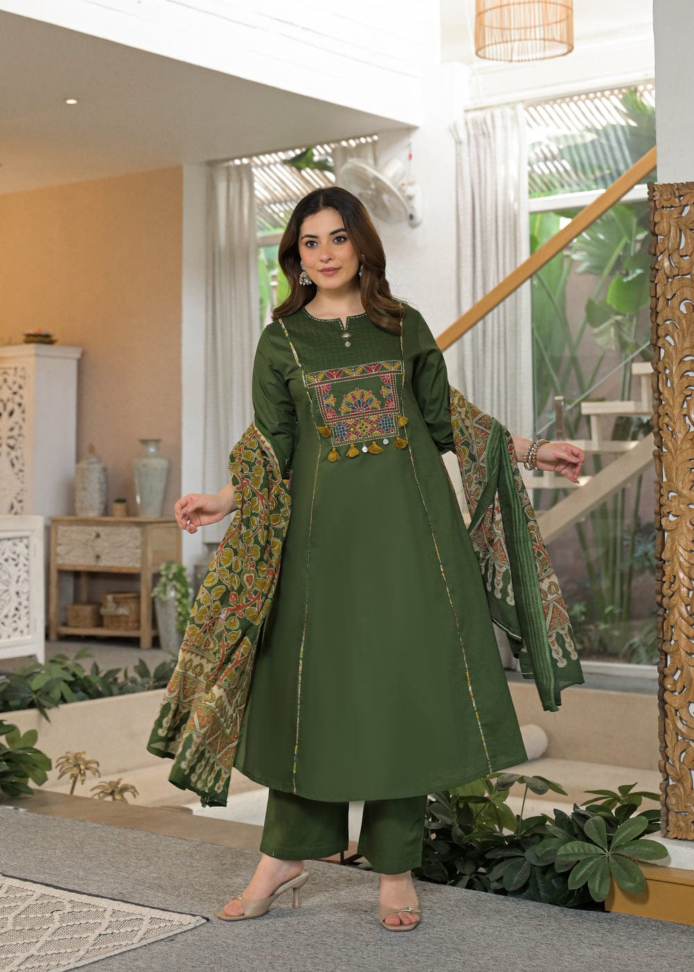 Women's Premium Cotton A-Line Embroidered Kurta Set with Printed Dupatta
