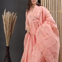 Peach Blossom Hand-Embroidered Anarkali Set with Organza Dupatta