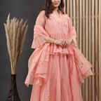 Peach Blossom Hand-Embroidered Anarkali Set with Organza Dupatta