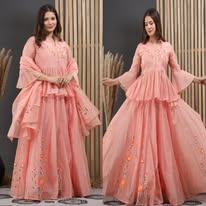 Peach Blossom Hand-Embroidered Anarkali Set with Organza Dupatta