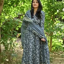 Midnight Indigo Hand-Block Floral Anarkali Set with Striped Dupatta