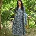 Midnight Indigo Hand-Block Floral Anarkali Set with Striped Dupatta