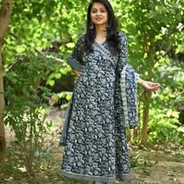 Midnight Indigo Hand-Block Floral Anarkali Set with Striped Dupatta