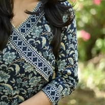 Midnight Indigo Hand-Block Floral Anarkali Set with Striped Dupatta