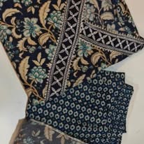 Midnight Indigo Hand-Block Floral Anarkali Set with Striped Dupatta