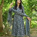 Midnight Indigo Hand-Block Floral Anarkali Set with Striped Dupatta