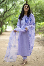 Women's Embroidered Cotton Kurta Set with Organza Dupatta
