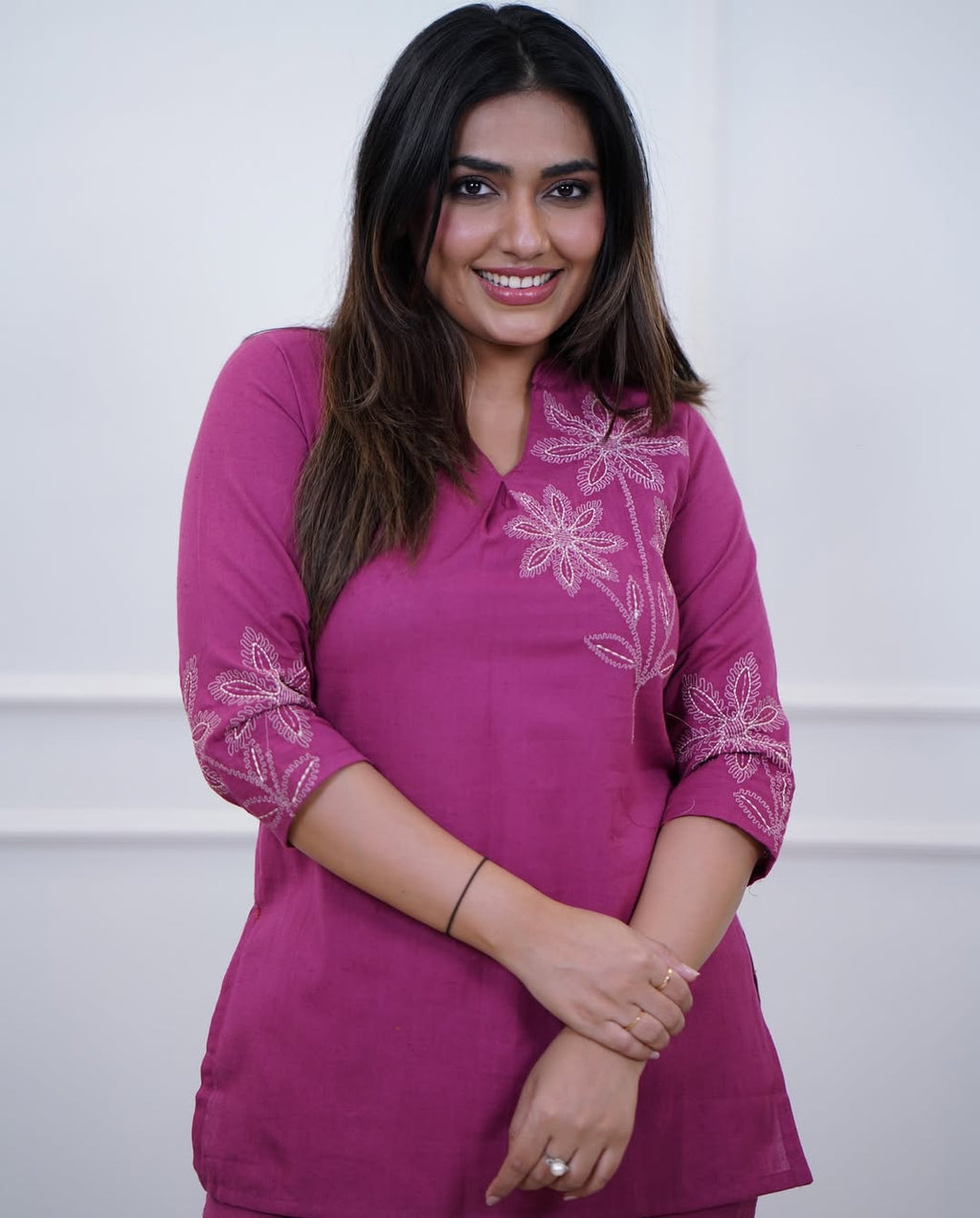 Women's Magenta Premium Cotton Embroidered Co-Ord Set with Straight Pants