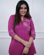 Women's Magenta Premium Cotton Embroidered Co-Ord Set with Straight Pants