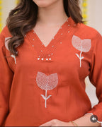 Women's Cotton A-Line Embroidered Kurti Set with Pants & Dupatta