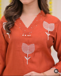 Women's Cotton A-Line Embroidered Kurti Set with Pants & Dupatta