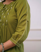 Women's Pintex & Manual Tagai Work A-Line Kurti Set with Pants