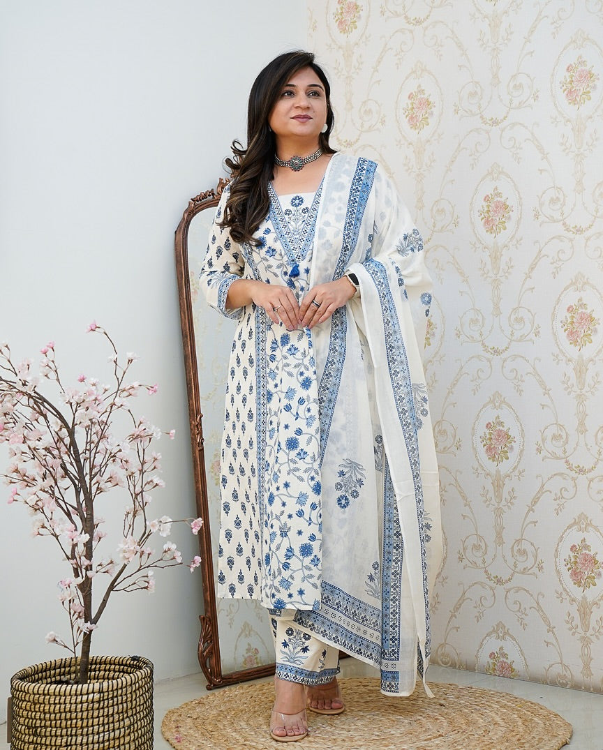 Women's Floral Printed Cotton Kurta Set with Pleated Salwar & Soft Cotton Dupatta