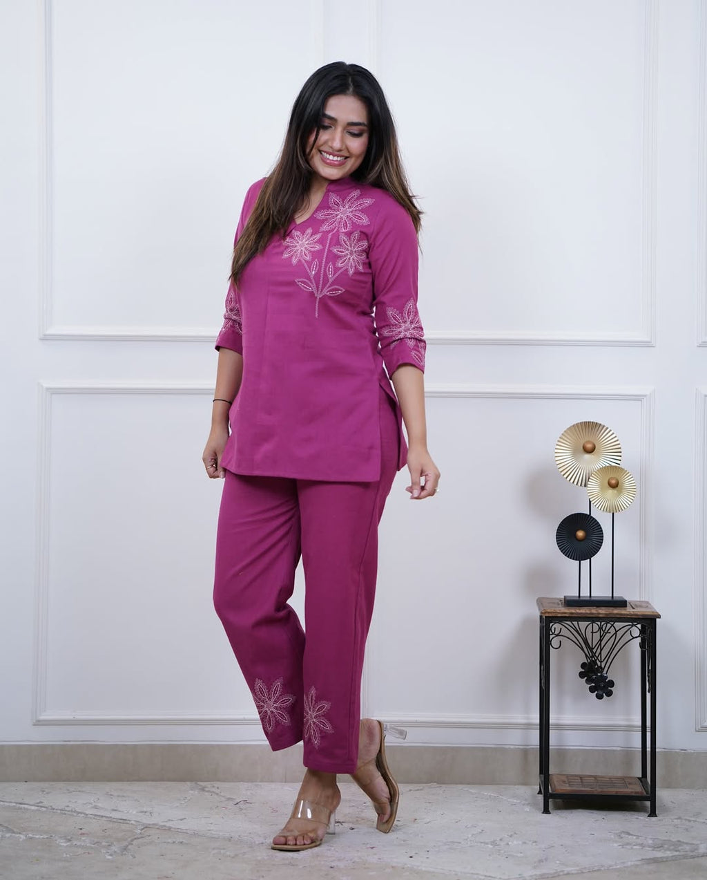 Women's Magenta Premium Cotton Embroidered Co-Ord Set with Straight Pants