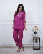 Women's Magenta Premium Cotton Embroidered Co-Ord Set with Straight Pants