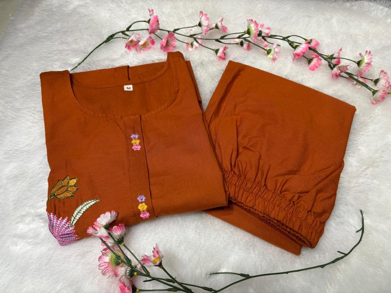 Women's Premium Cotton Embroidered Co-Ord Set with Wide-Leg Pants