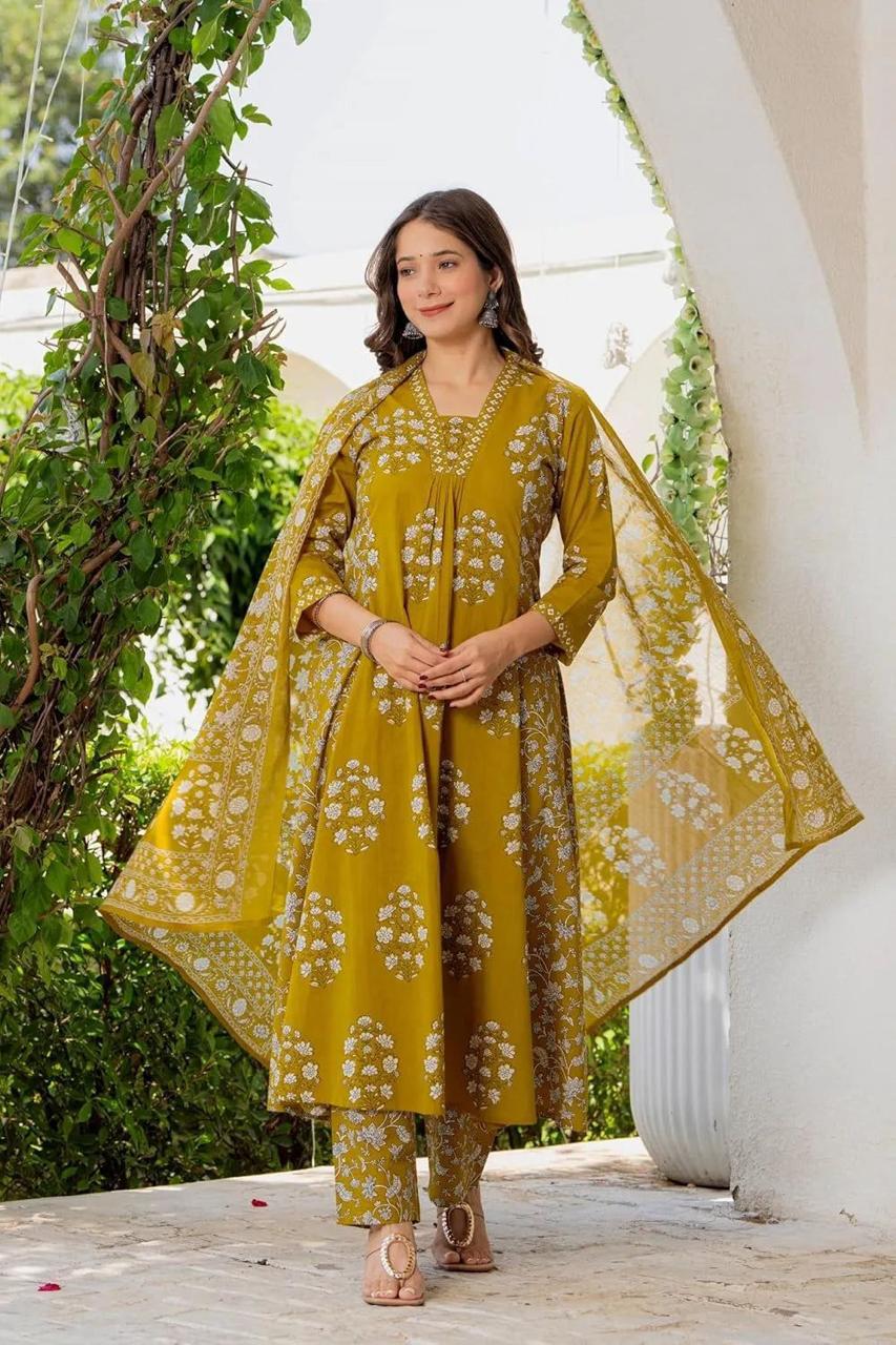 Women's Pure Fine Cotton Floral Printed Kurti Set with Pants & Mulmul Dupatta