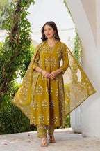 Women's Pure Fine Cotton Floral Printed Kurti Set with Pants & Mulmul Dupatta