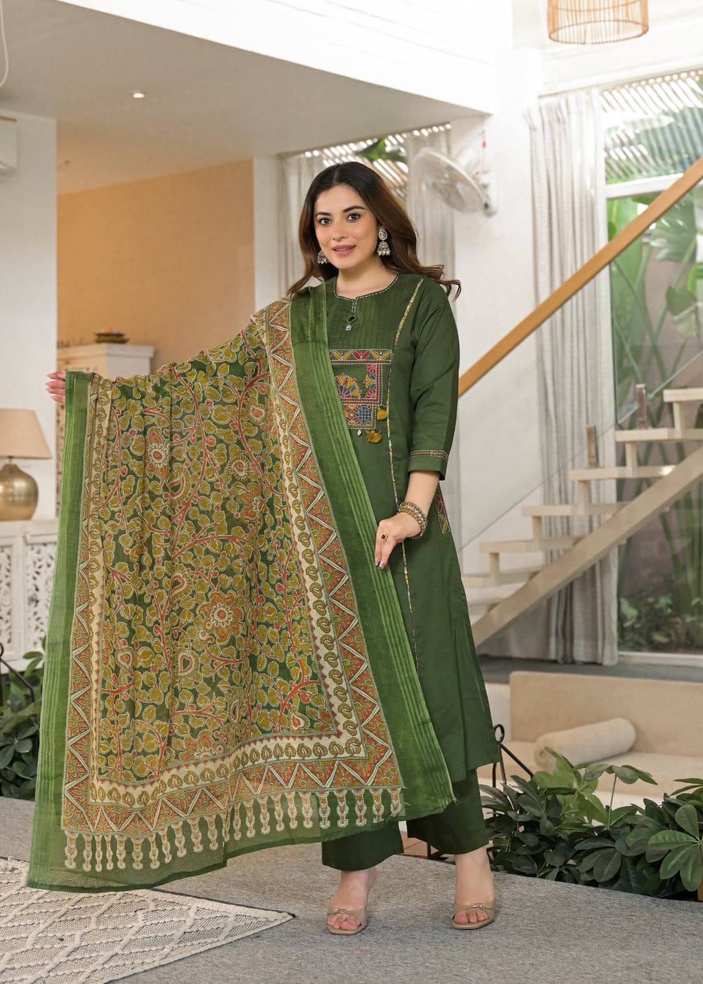 Women's Premium Cotton A-Line Embroidered Kurta Set with Printed Dupatta