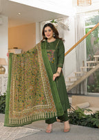 Women's Premium Cotton A-Line Embroidered Kurta Set with Printed Dupatta