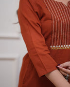 Women's Rust Embroidered Kurti Set with Printed Dupatta & Straight Pants