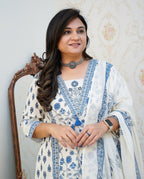 Women's Floral Printed Cotton Kurta Set with Pleated Salwar & Soft Cotton Dupatta