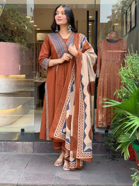 Women's Premium Cotton Embroidered Straight Kurta Set with Pants & Printed Dupatta