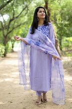 Women's Embroidered Cotton Kurta Set with Organza Dupatta