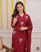 Women's Cotton A-Line Embroidered Kurti Set with Pants & Dupatta