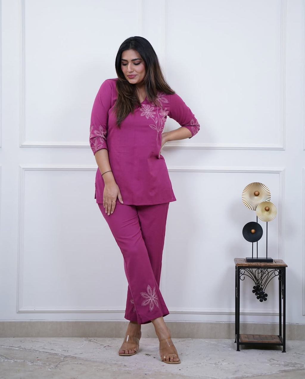 Women's Magenta Premium Cotton Embroidered Co-Ord Set with Straight Pants