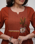 Women's Rust Embroidered Kurti Set with Printed Dupatta & Straight Pants