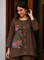 Women's Premium Cotton Embroidered Co-Ord Set with Wide-Leg Pants