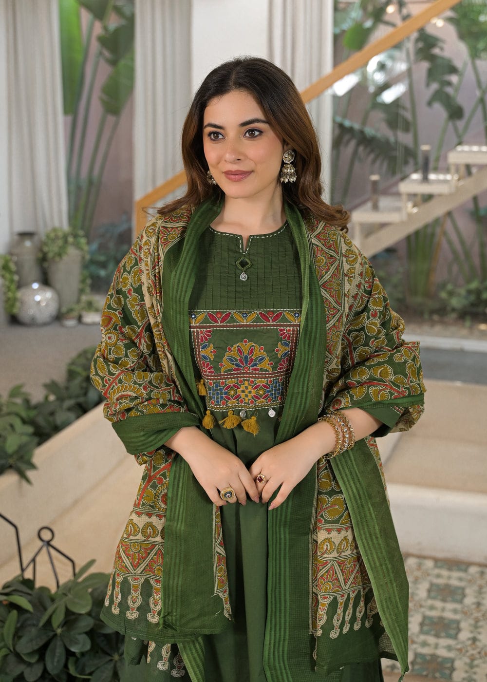 Women's Premium Cotton A-Line Embroidered Kurta Set with Printed Dupatta