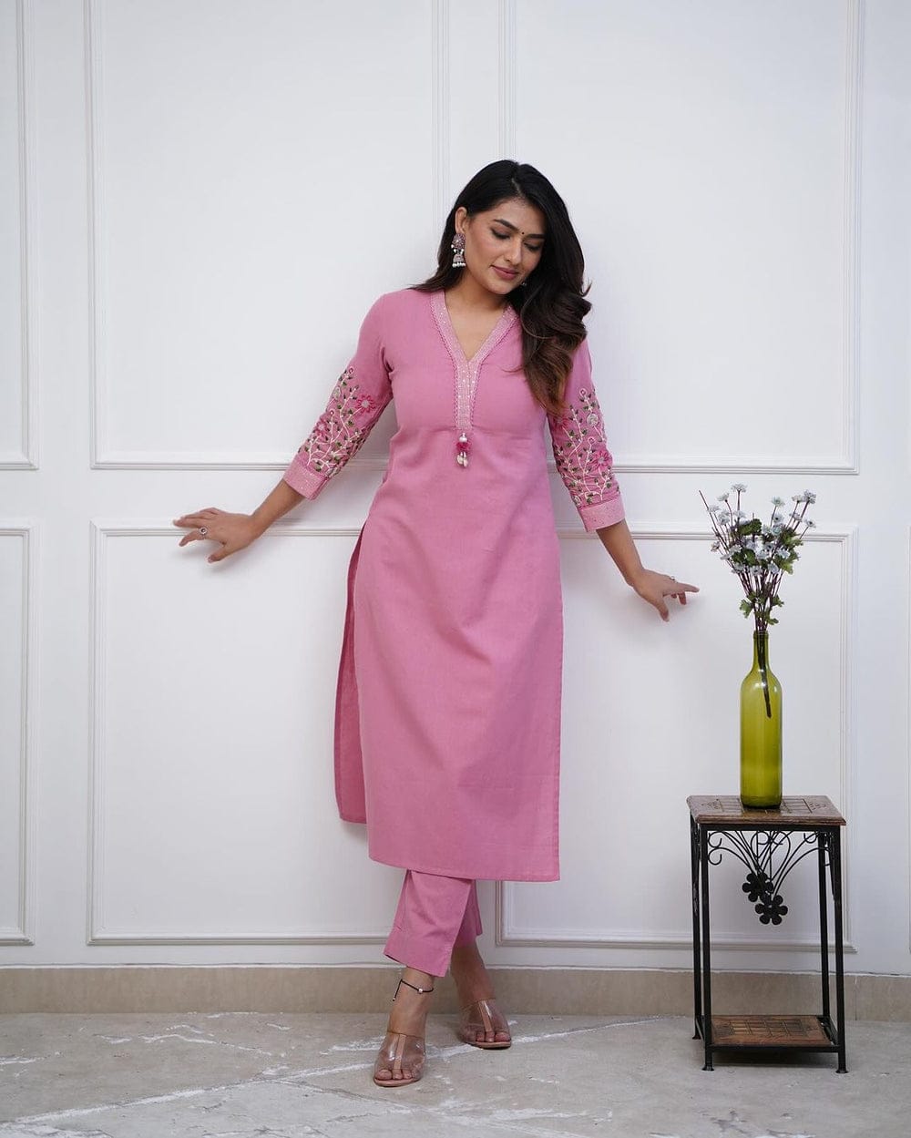 Women's Premium Cotton Slub Embroidered Kurta Pant Set