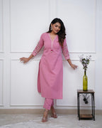 Women's Premium Cotton Slub Embroidered Kurta Pant Set
